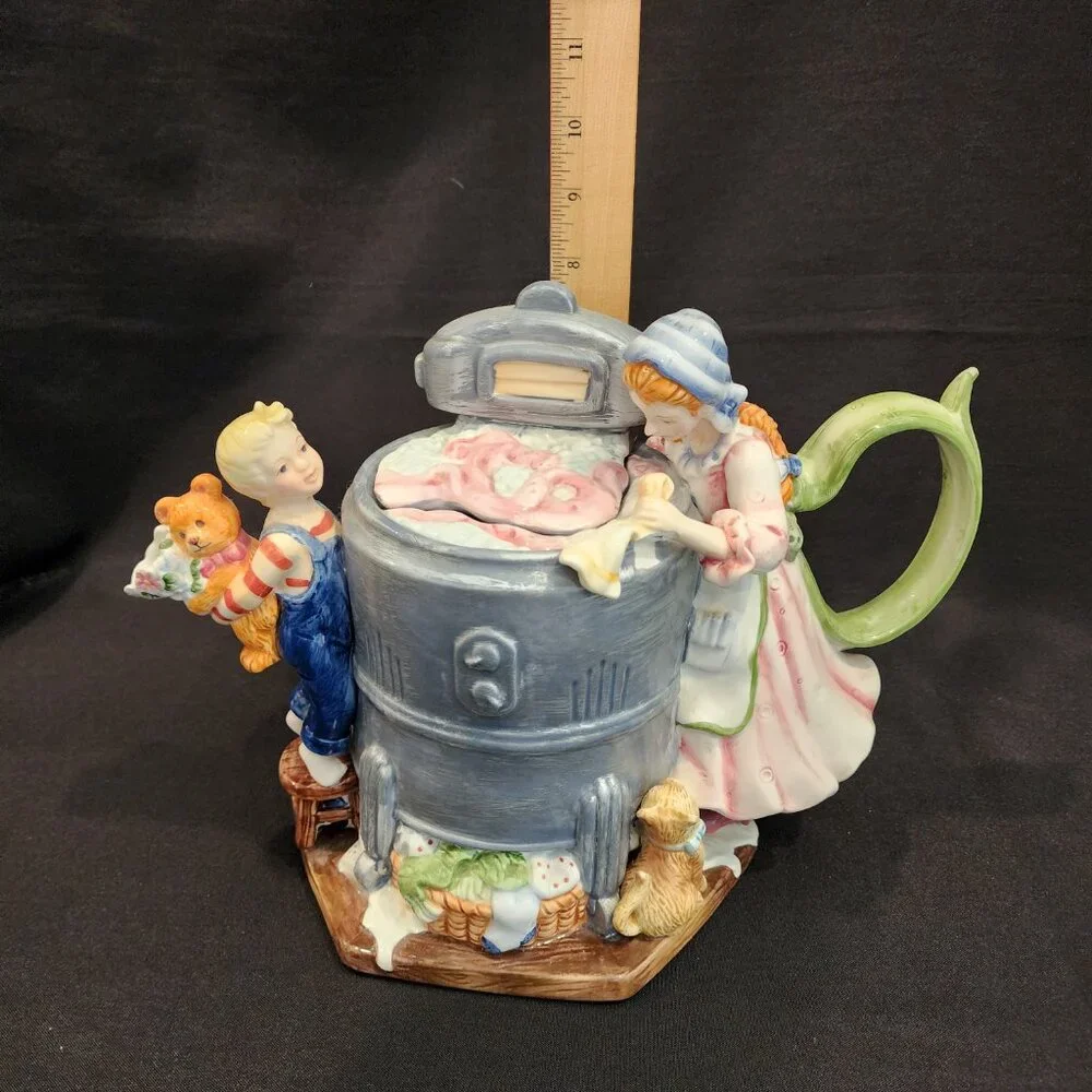 Vintage Ceramic Teapot Old Fashioned Ringer Washer Mom and Son, Rare